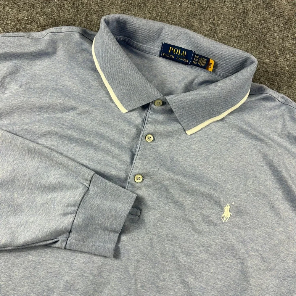 Polo Ralph Lauren‎ Long Sleeve Polo Mens 2XB Blue Heathered Cotton Big & Tall